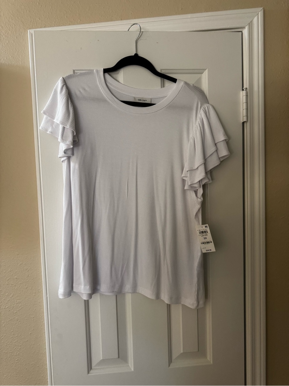 Cozy Day White Ribbed Tee with Layered Ruffle Sleeves